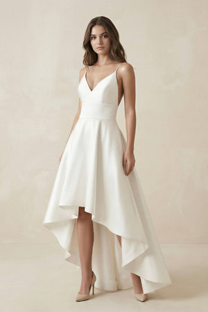 High - Low Satin V - Neck A - Line Wedding Dress in White - SHE IS ME Wedding Dresses