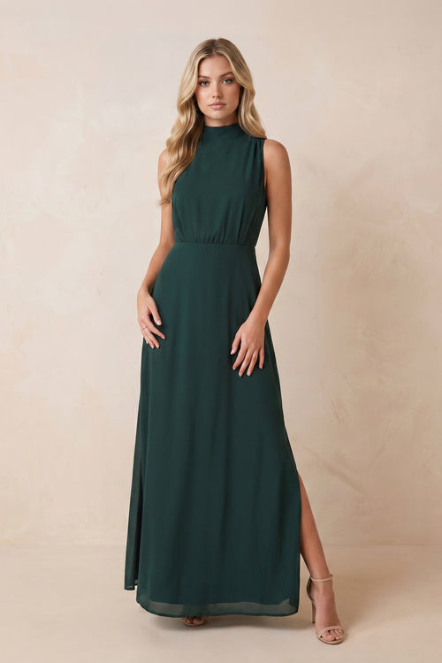 High Neck A-Line Chiffon Maxi Dress with Slit in Dark Green – SHE IS ME Dresses