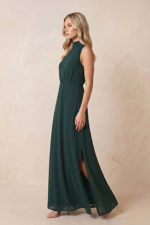 High Neck A-Line Chiffon Maxi Dress with Slit in Dark Green – SHE IS ME Dresses