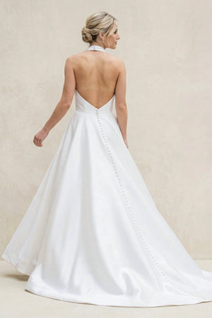 High Neck A - Line Satin Wedding Dress in White - SHE IS ME Wedding Dresses