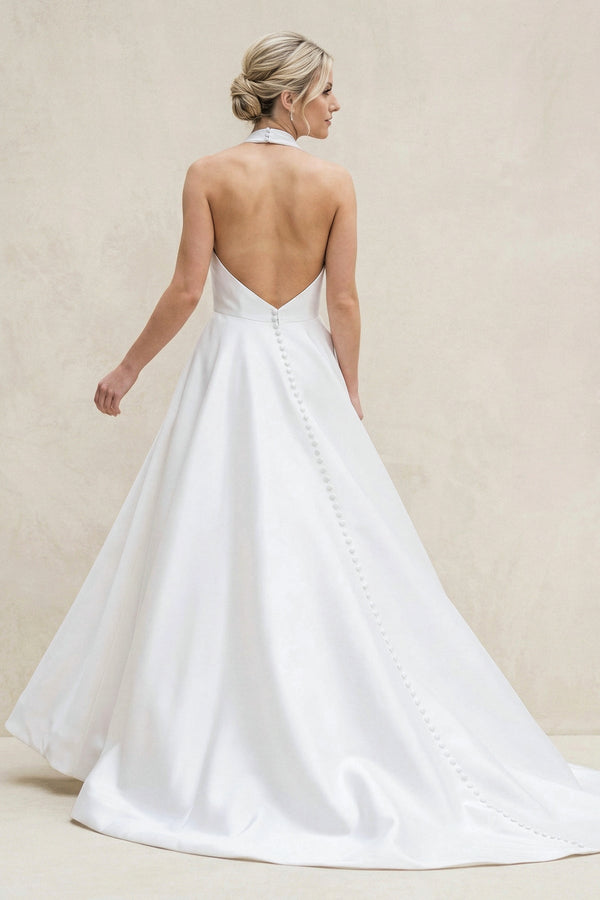 High Neck A - Line Satin Wedding Dress in White - SHE IS ME Wedding Dresses