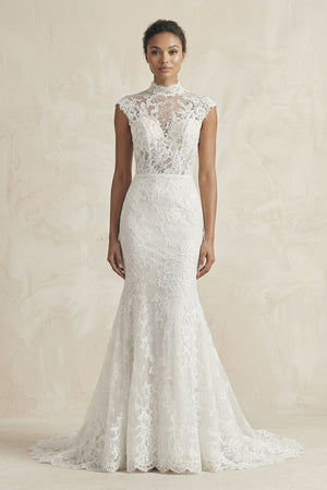High - Neck Lace Mermaid Cap Sleeve Wedding Dress in White - SHE IS ME Wedding Dresses