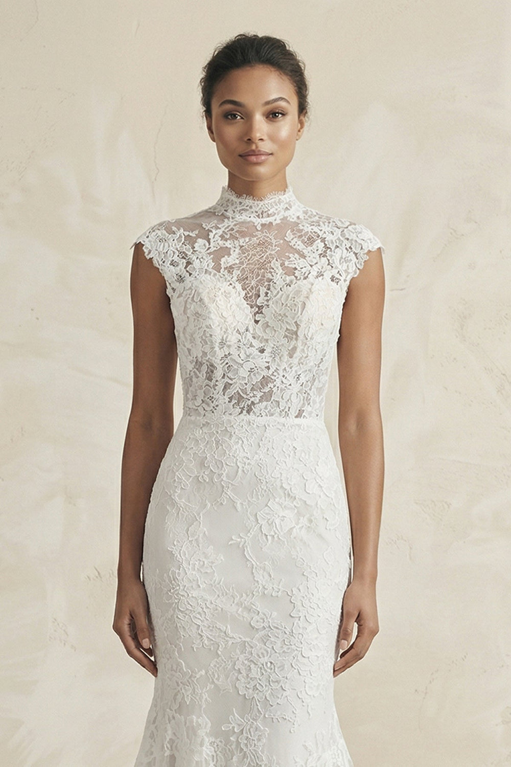High - Neck Lace Mermaid Cap Sleeve Wedding Dress in White - SHE IS ME Wedding Dresses