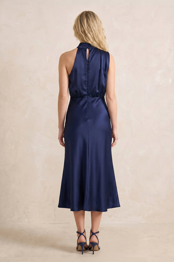 High Neck Satin Mermaid Midi Dress in Dark Navy– SHE IS ME Dresses