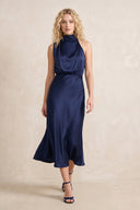 High Neck Satin Mermaid Midi Dress in Dark Navy– SHE IS ME Dresses