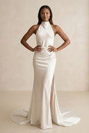 High - Neck Satin Mermaid Wedding Dress with Slit in Ivory - SHE IS ME Wedding Dresses