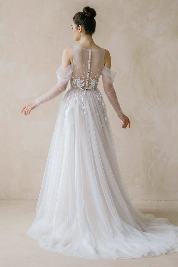 Illusion Long Sleeve A - Line Tulle Wedding Dress - SHE IS ME Wedding Dresses