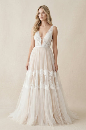 Illusion Neck A - Line Lace Wedding Dress in Ivory - SHE IS ME Wedding Dresses