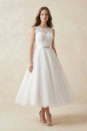 Illusion Neck A - Line Tulle Appliqued Midi Wedding Dress With Bow in White - SHE IS ME Wedding Dresses