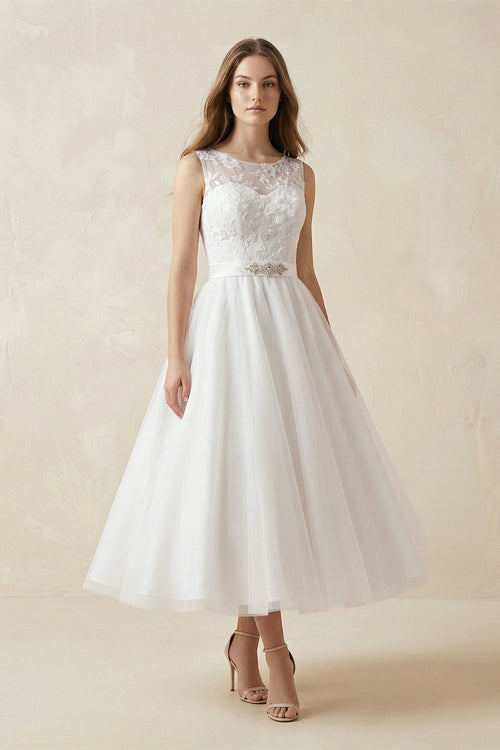 Illusion Neck A - Line Tulle Appliqued Midi Wedding Dress With Bow in White - SHE IS ME Wedding Dresses