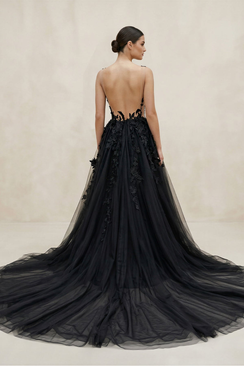 Illusion Neck A - Line Tulle Appliqued Wedding Dress in Black - SHE IS ME Wedding Dresses