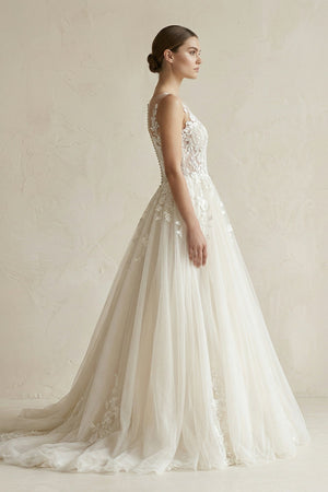 Illusion Neck Appliqued Tulle Wedding Gown in White - SHE IS ME Wedding Dresses