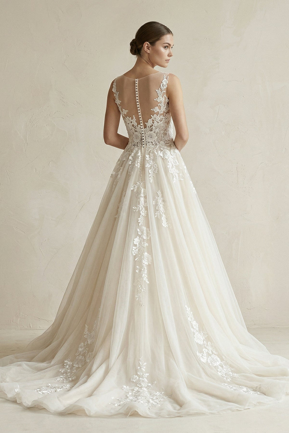 Illusion Neck Appliqued Tulle Wedding Gown in White - SHE IS ME Wedding Dresses