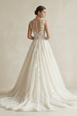Illusion Neck Appliqued Tulle Wedding Gown in White - SHE IS ME Wedding Dresses