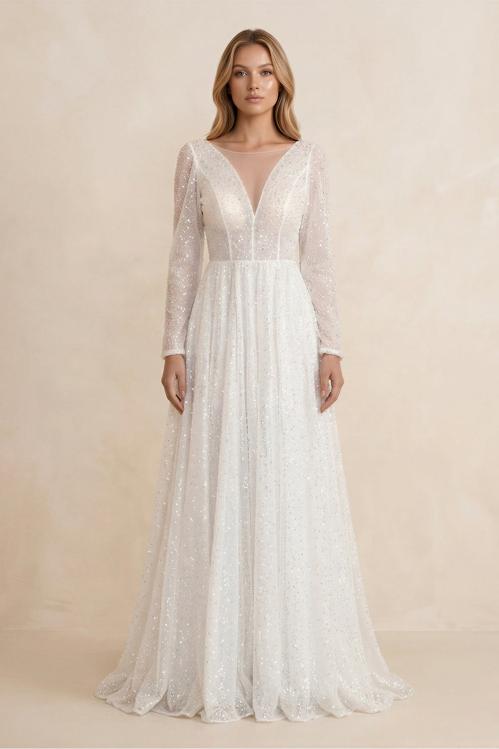 Illusion Neck Sequined A - Line Wedding Dress With Long Sleeves in Ivory - SHE IS ME Wedding Dresses