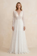 Illusion Neck Sequined A - Line Wedding Dress With Long Sleeves in Ivory - SHE IS ME Wedding Dresses