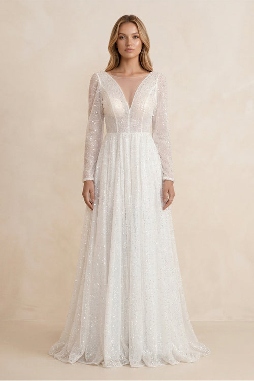 Illusion Neck Sequined A - Line Wedding Dress With Long Sleeves in Ivory - SHE IS ME Wedding Dresses