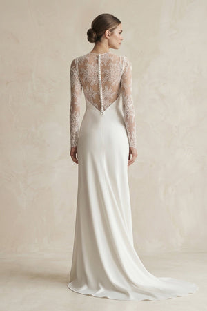 Illusion Neck Sheath Satin Appliqued Wedding Dress in White - SHE IS ME Wedding Dresses