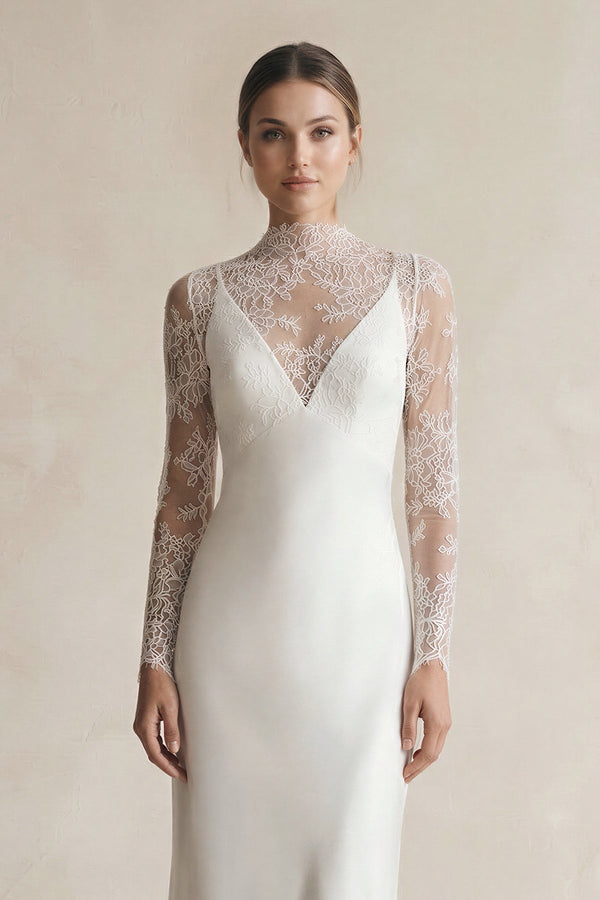 Illusion Neck Sheath Satin Appliqued Wedding Dress in White - SHE IS ME Wedding Dresses