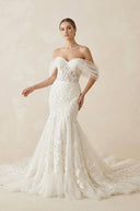 Ivory Off - the - Shoulder Lace Mermaid Wedding Dress - SHE IS ME Wedding Dresses