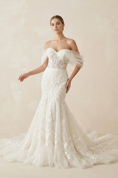 Ivory Off - the - Shoulder Lace Mermaid Wedding Dress - SHE IS ME Wedding Dresses