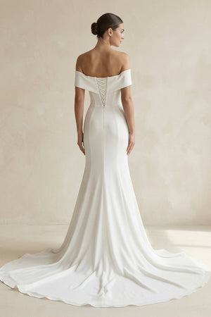 Ivory Off - the - Shoulder Satin Mermaid Wedding Dress - SHE IS ME Wedding Dresses