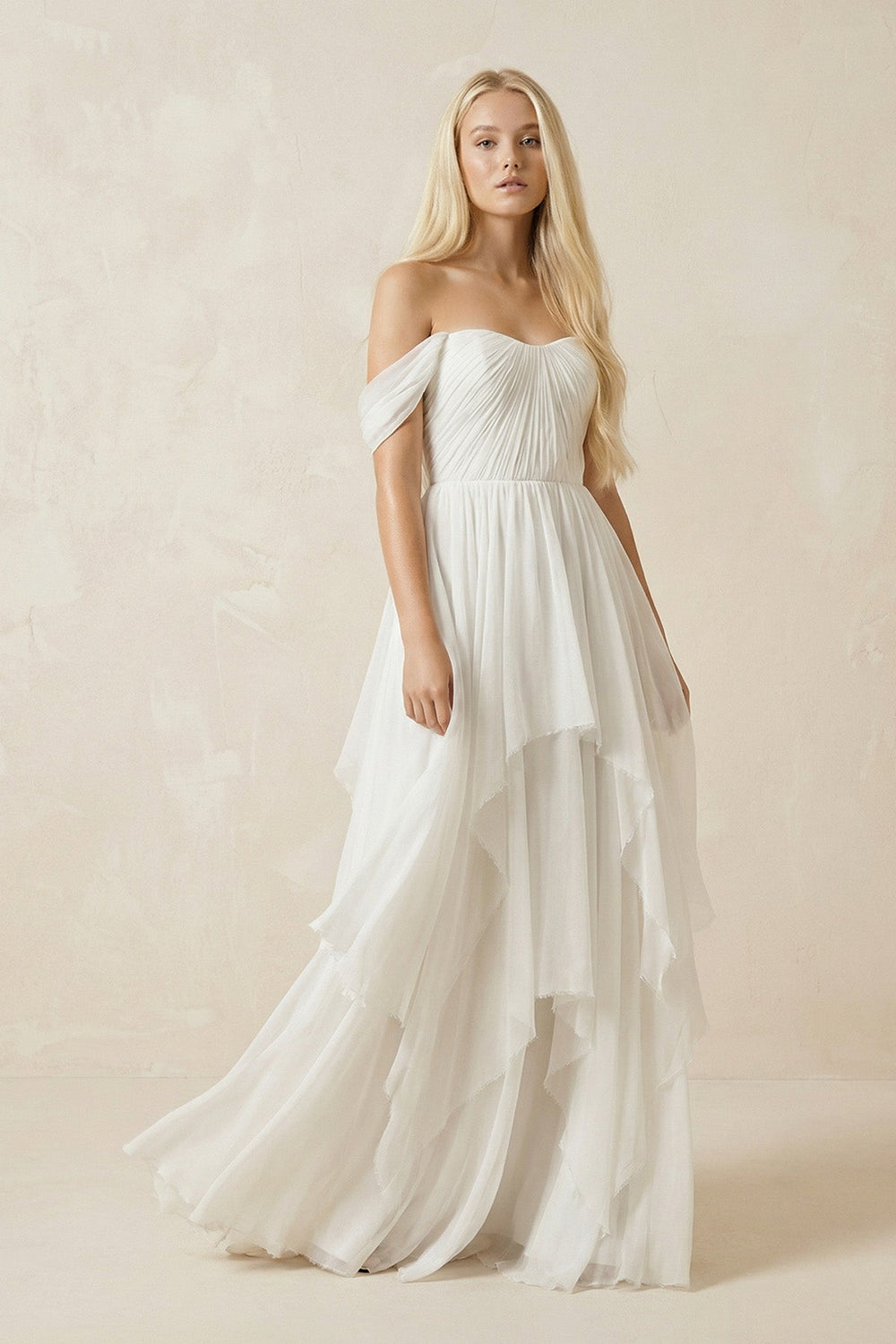 Ivory Off - the - Shoulder Tiered Chiffon A - Line Wedding Dress - SHE IS ME Wedding Dresses