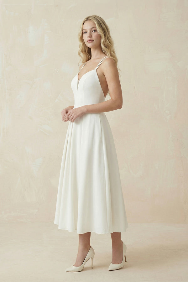 Ivory Satin V - Neck A - Line Midi Wedding Dress - SHE IS ME Wedding Dresses