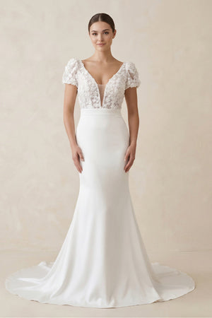 Lace Cap Sleeve Satin V - Neck Mermaid Wedding Dress in White - SHE IS ME Wedding Dresses
