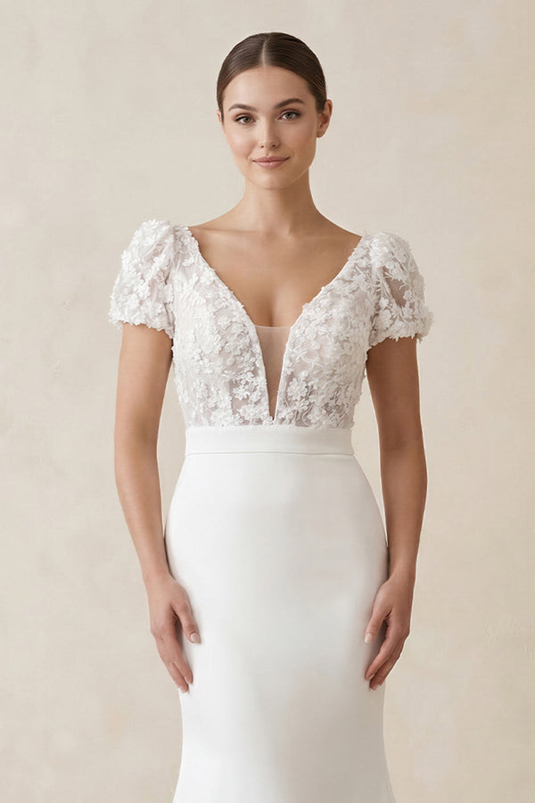 Lace Cap Sleeve Satin V - Neck Mermaid Wedding Dress in White - SHE IS ME Wedding Dresses
