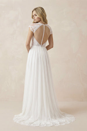 Lace Cap Sleeve V - Neck A - Line Tulle Wedding Dress in White - SHE IS ME Wedding Dresses