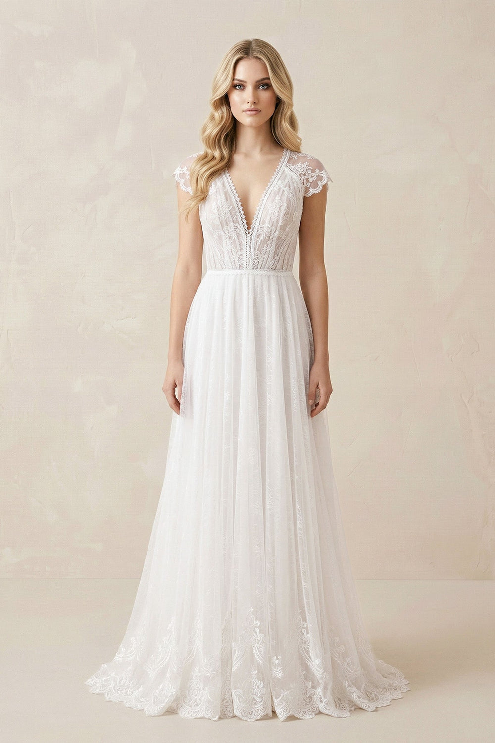 Lace Cap Sleeve V - Neck A - Line Tulle Wedding Dress in White - SHE IS ME Wedding Dresses