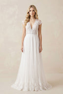 Lace Cap Sleeve V - Neck A - Line Tulle Wedding Dress in White - SHE IS ME Wedding Dresses