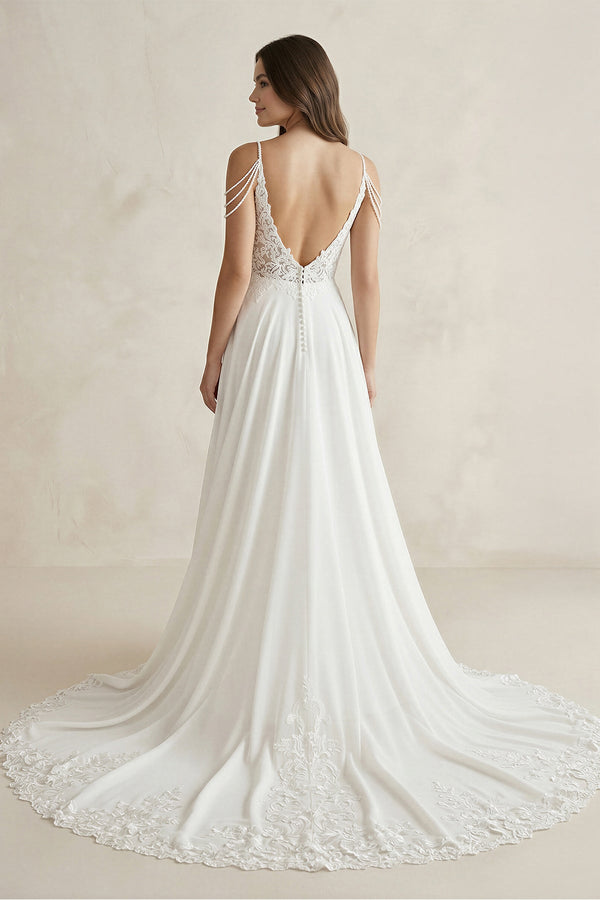 Lace Chiffon A - Line Off - the - Shoulder Wedding Dress in White - SHE IS ME Wedding Dresses