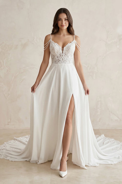 Lace Chiffon A - Line Off - the - Shoulder Wedding Dress in White - SHE IS ME Wedding Dresses