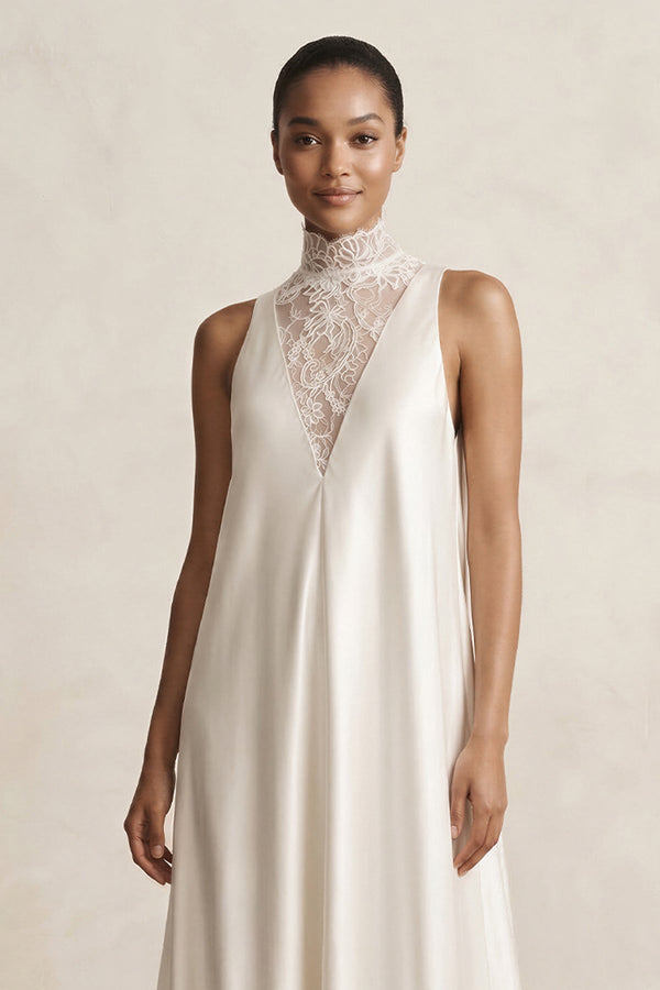 Lace Illusion Neck Satin A - Line Wedding Dress in Ivory - SHE IS ME Wedding Dresses