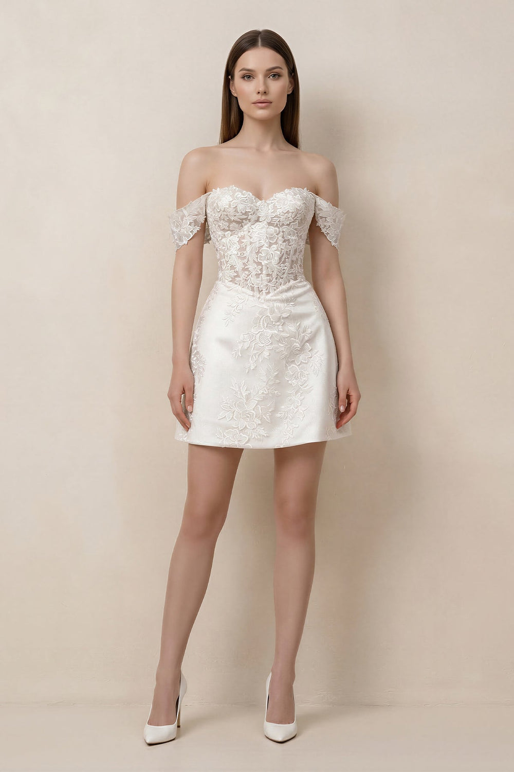 Lace Sheath A - Line Off - the - Shoulder Mini Wedding Dress in White - SHE IS ME Wedding Dresses