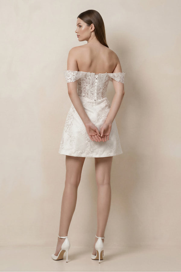 Lace Sheath A - Line Off - the - Shoulder Mini Wedding Dress in White - SHE IS ME Wedding Dresses