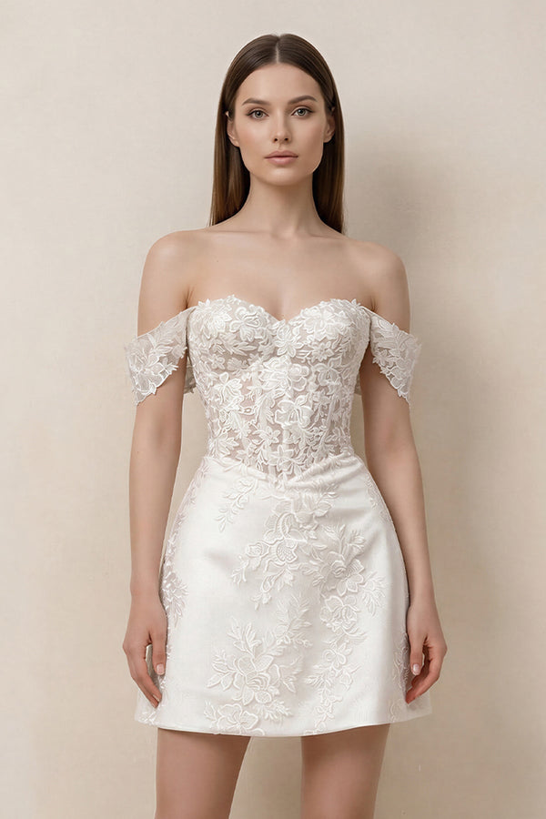 Lace Sheath A - Line Off - the - Shoulder Mini Wedding Dress in White - SHE IS ME Wedding Dresses