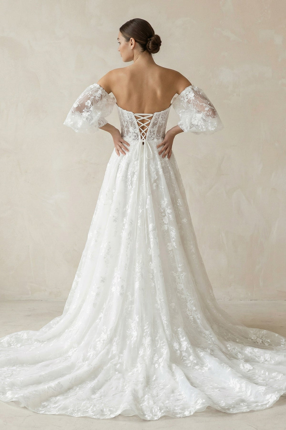 Lace Sweetheart A - Line Corset Wedding Dress With Sleeves in White - SHE IS ME Wedding Dresses