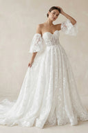 Lace Sweetheart A - Line Corset Wedding Dress With Sleeves in White - SHE IS ME Wedding Dresses