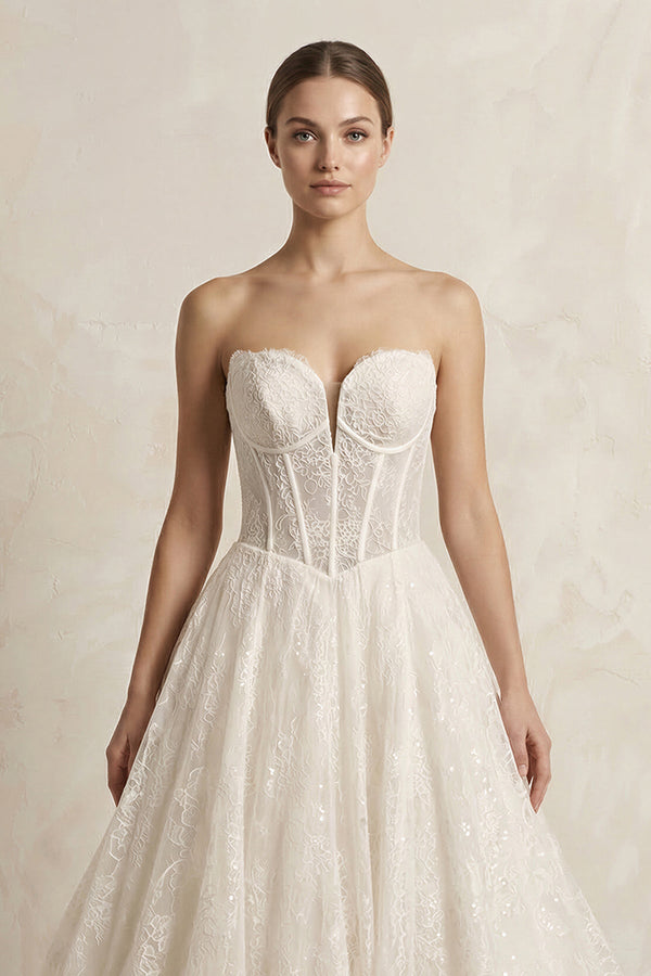 Lace Sweetheart Corset A - Line Wedding Dress in Ivory - SHE IS ME Wedding Dresses