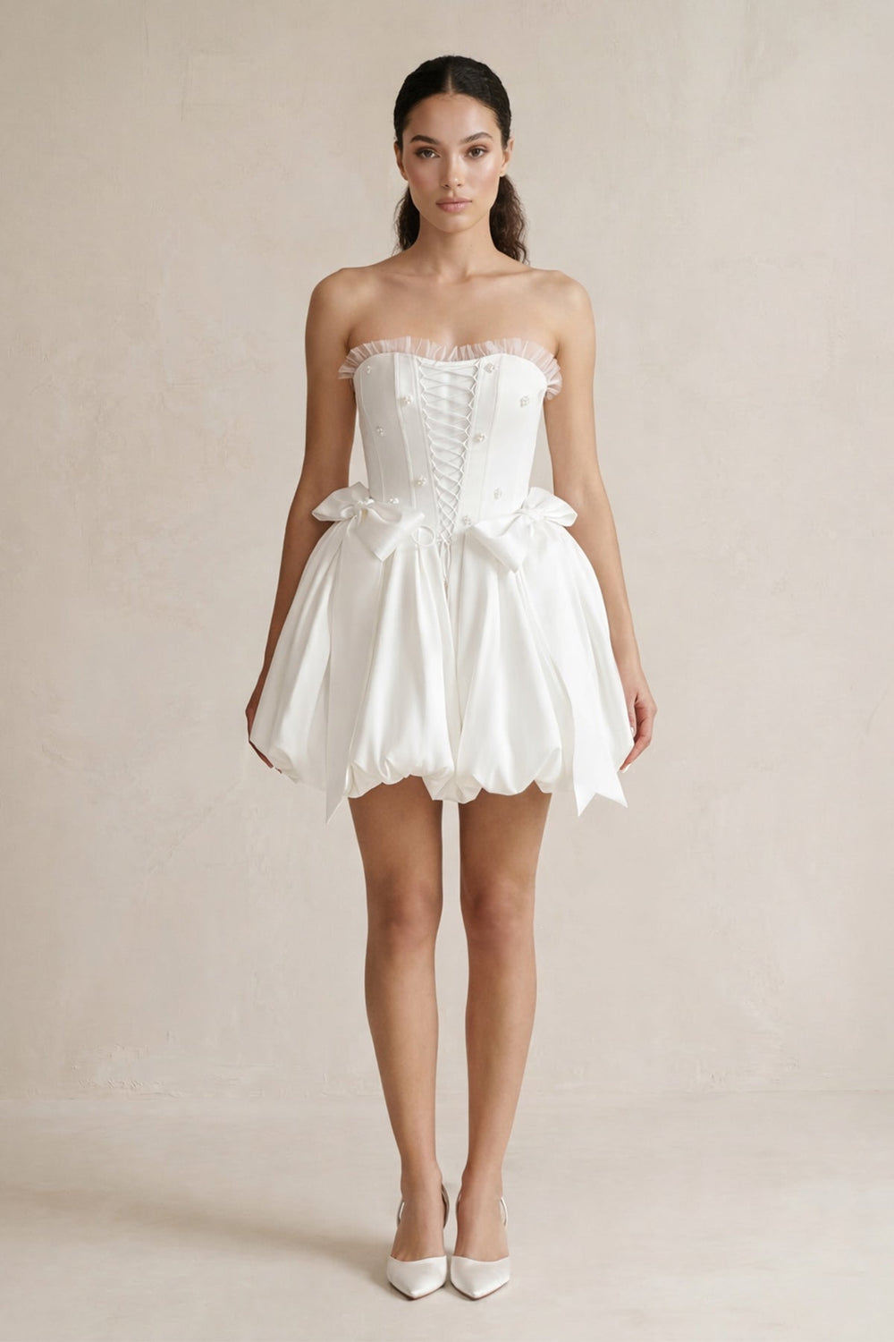 Lace - up Strapless Taffeta A - Line Wedding Dress With Bow in Ivory - SHE IS ME Wedding Dresses