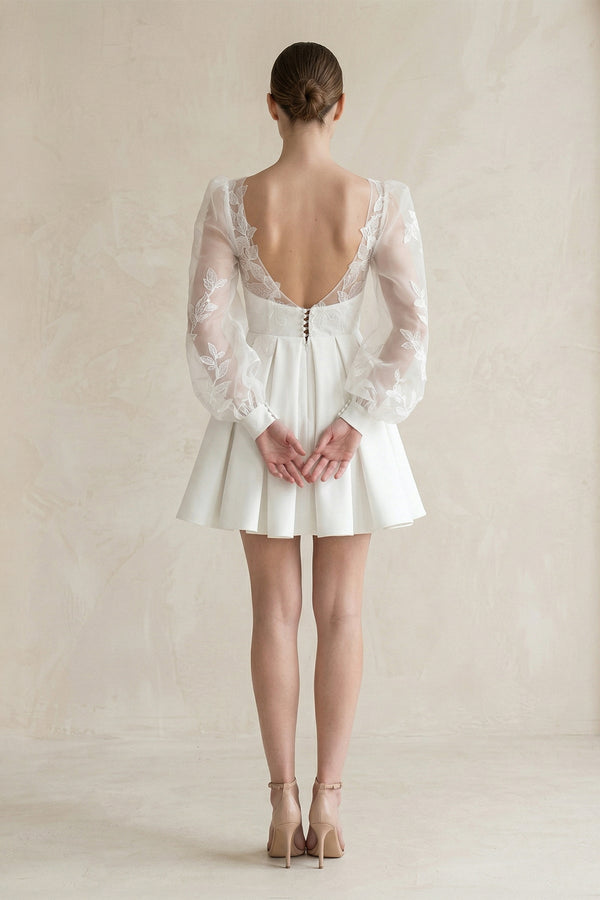 Lace V - Neck A - Line Satin Wedding Dress With Long Sleeves in White - SHE IS ME Wedding Dresses