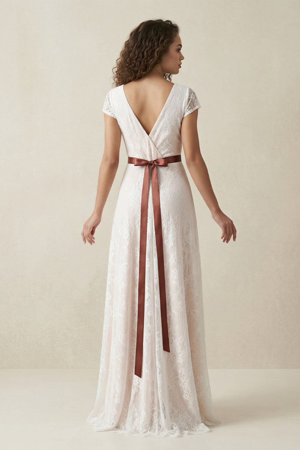 Lace V - Neck A - Line Short Sleeve Wedding Dress With Belt in Ivory - SHE IS ME Wedding Dresses