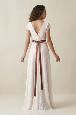 Lace V - Neck A - Line Short Sleeve Wedding Dress With Belt in Ivory - SHE IS ME Wedding Dresses