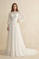 Long Sleeve A Line Wedding Dress With Appliques in Ivory - SHE IS ME Wedding Dresses