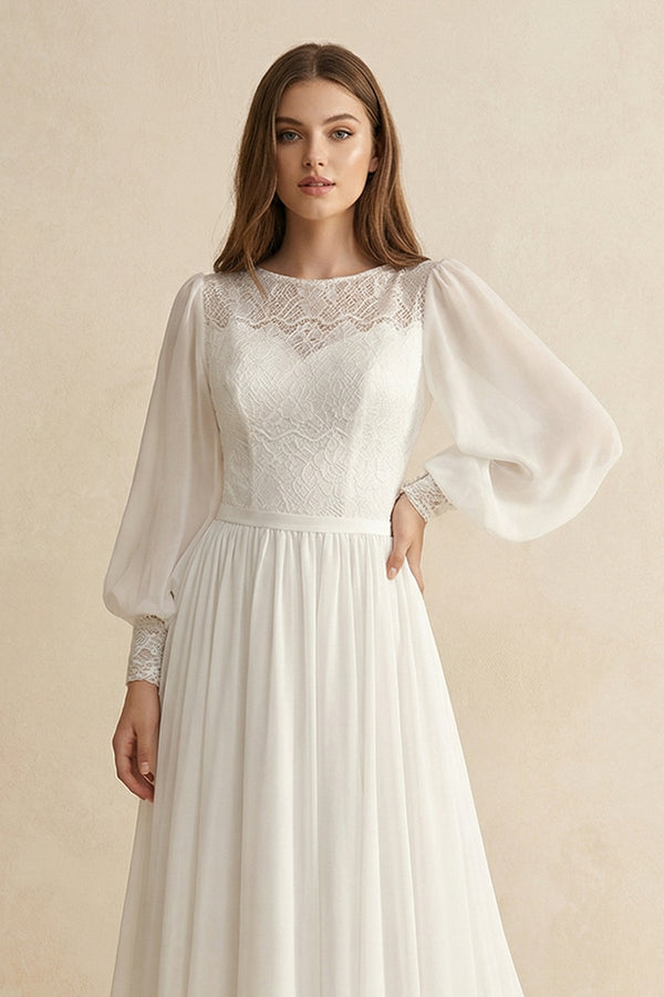Long Sleeve A Line Wedding Dress With Appliques in Ivory - SHE IS ME Wedding Dresses