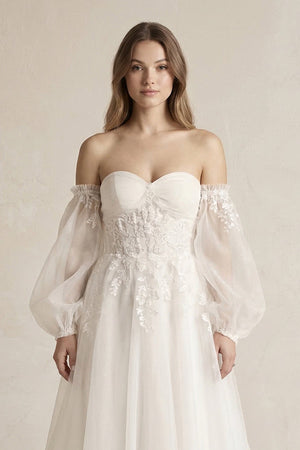 Long Sleeves Tulle A - Line Off - the - Shoulder Wedding Dress in White - SHE IS ME Wedding Dresses