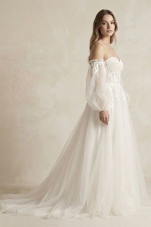 Long Sleeves Tulle A - Line Off - the - Shoulder Wedding Dress in White - SHE IS ME Wedding Dresses